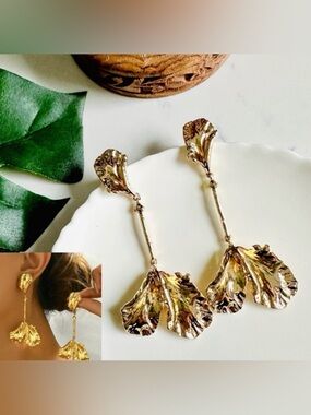 2/$30🌵 Gold Leaf Earrings Dangle Botanical Nature Floral Spring Summer Gift NEW
